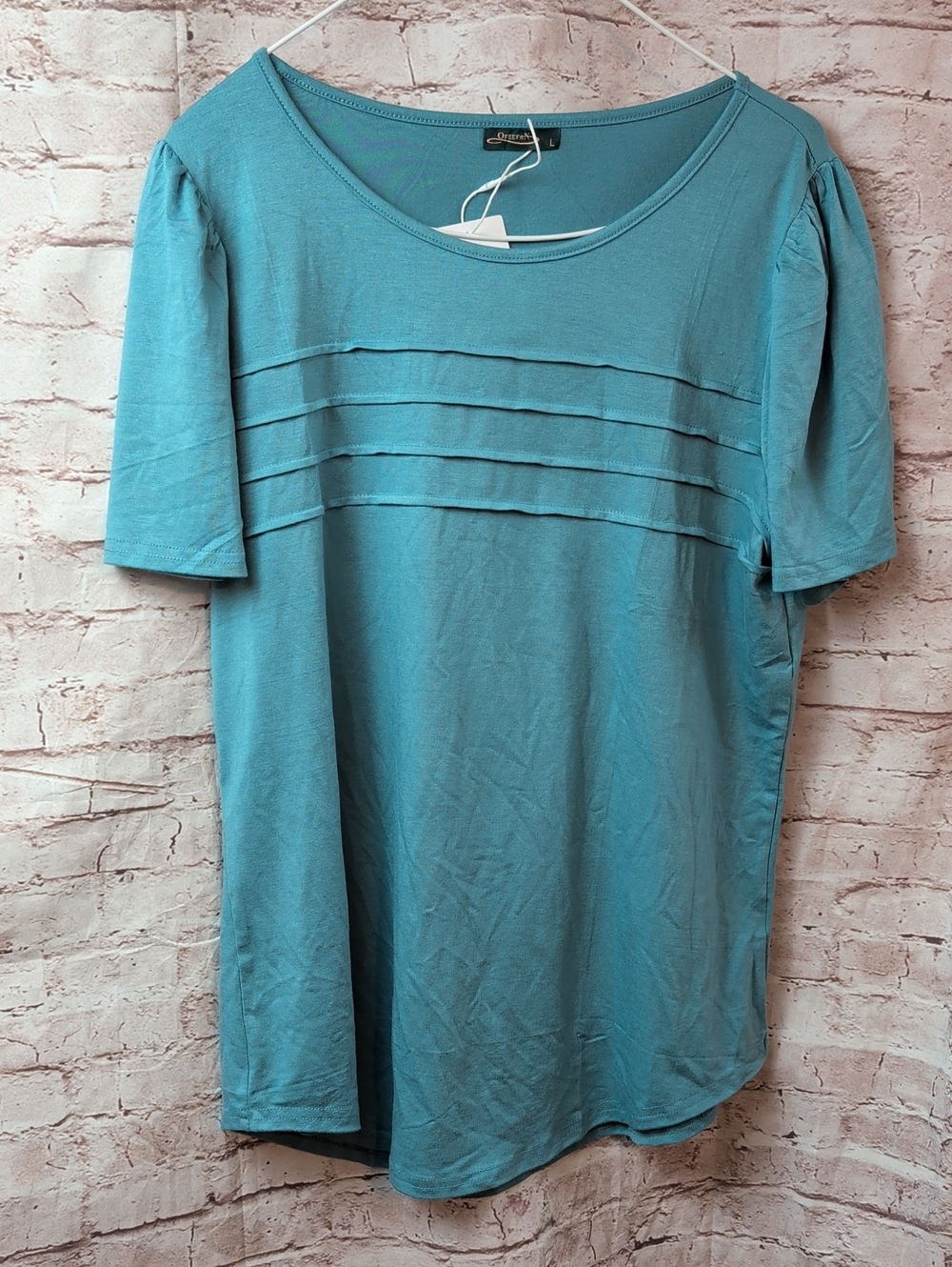 Ofeefan Teal Short-Sleeve Pleated Front Top Large New Nwt